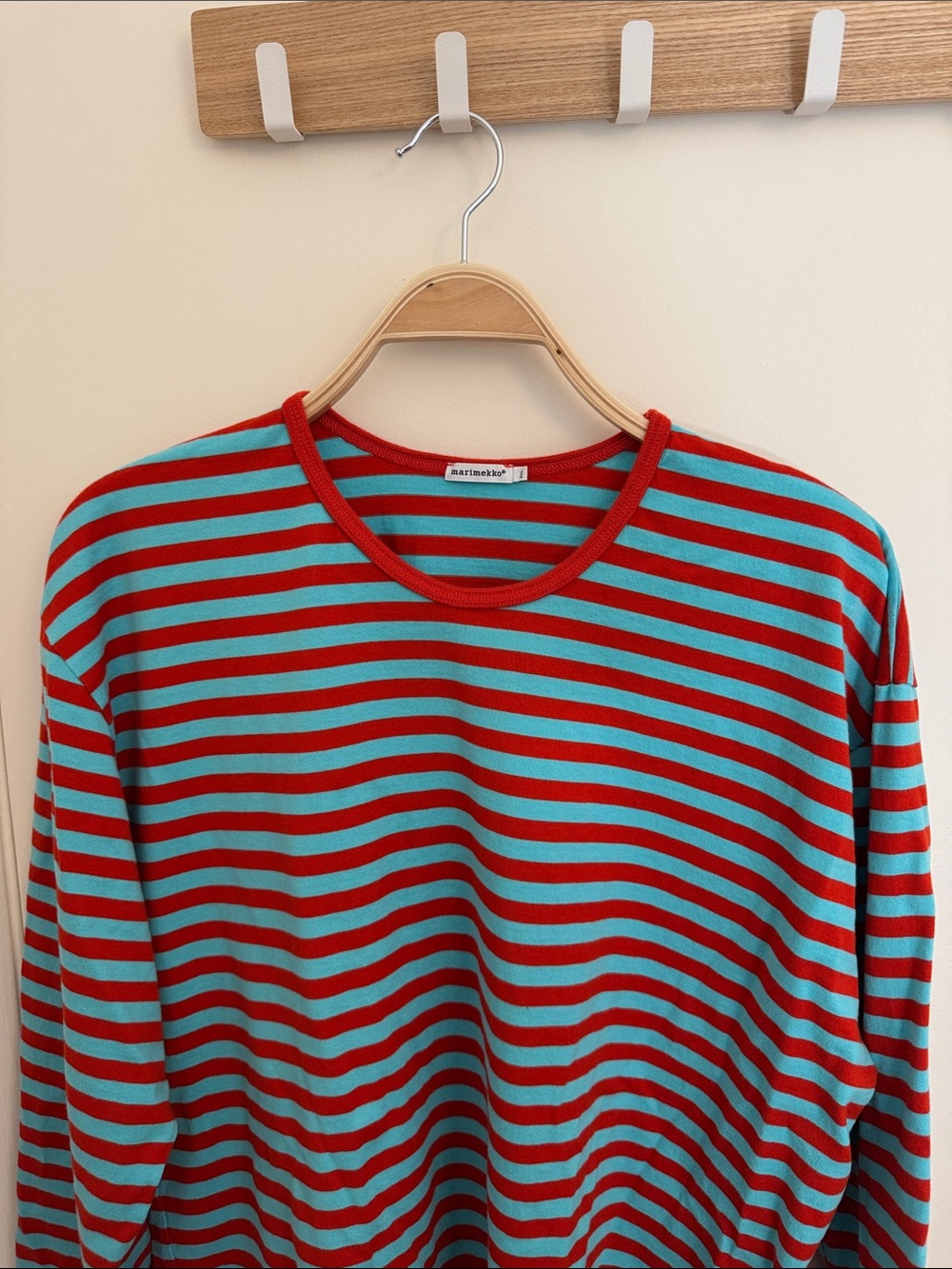 Marimekko Red and Teal Striped Crew Neck Shirt